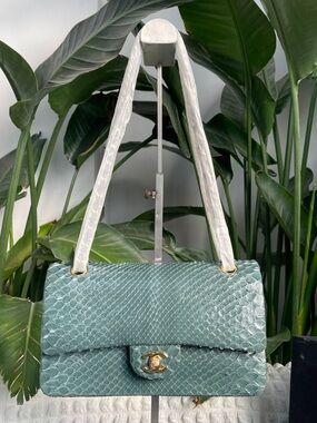 CHANEL Teal Python Shoulder Bag with Gold Hardware
